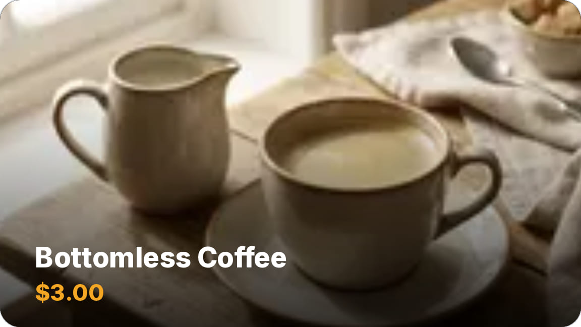 A 16:9 screen card preview: coffee full screen with its name and price, drawn the same way as on the TV