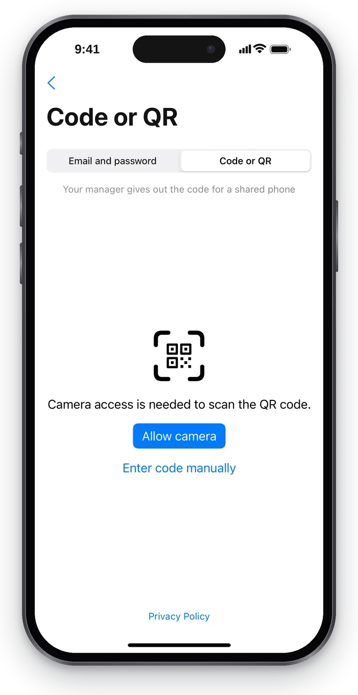 “Code or QR”: a request for camera access, the “Allow camera” and “Enter code manually” buttons