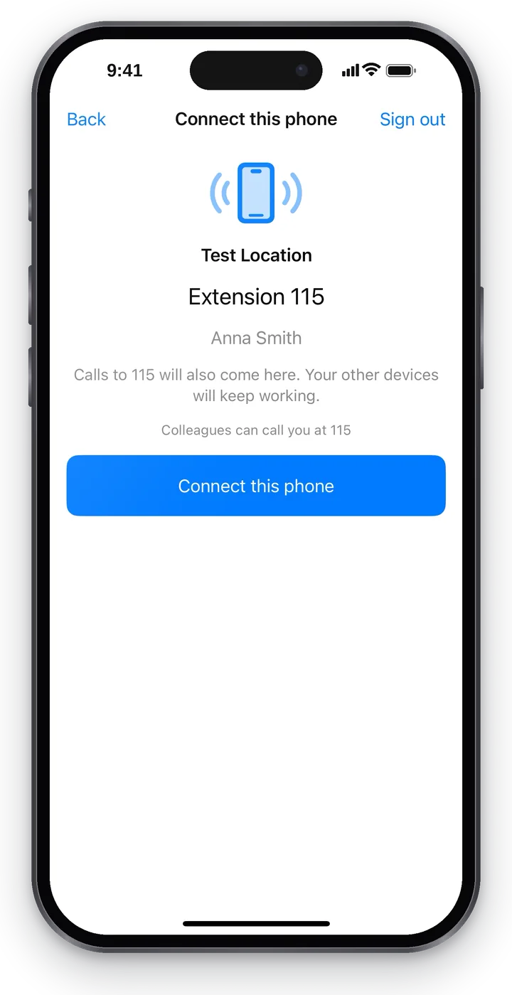 The “Connect this phone” screen: the workplace, “Extension 115”, the employee's name and the blue “Connect this phone” button