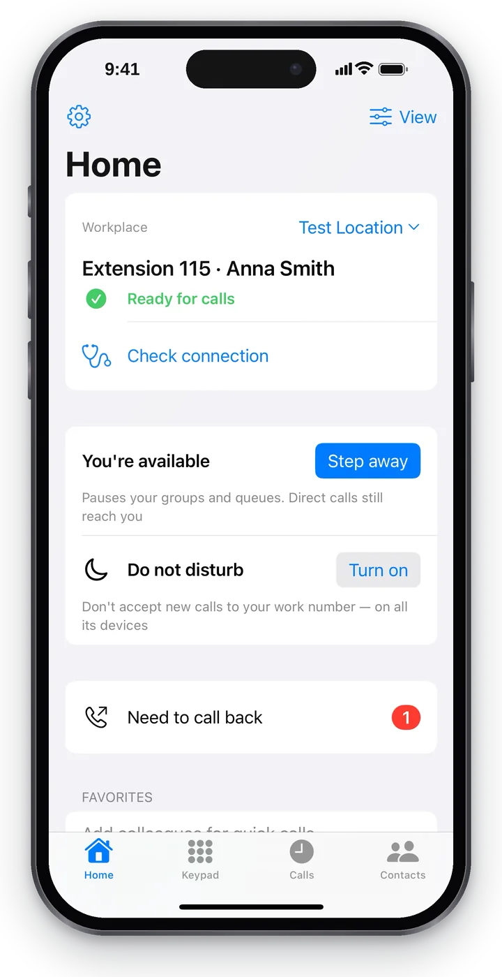 Home: the workplace block with “Extension 115 · Anna Smith” and the “Ready for calls” line, “Check connection”, the “You're available · Step away” and “Do not disturb · Turn on” blocks, “Need to call back”