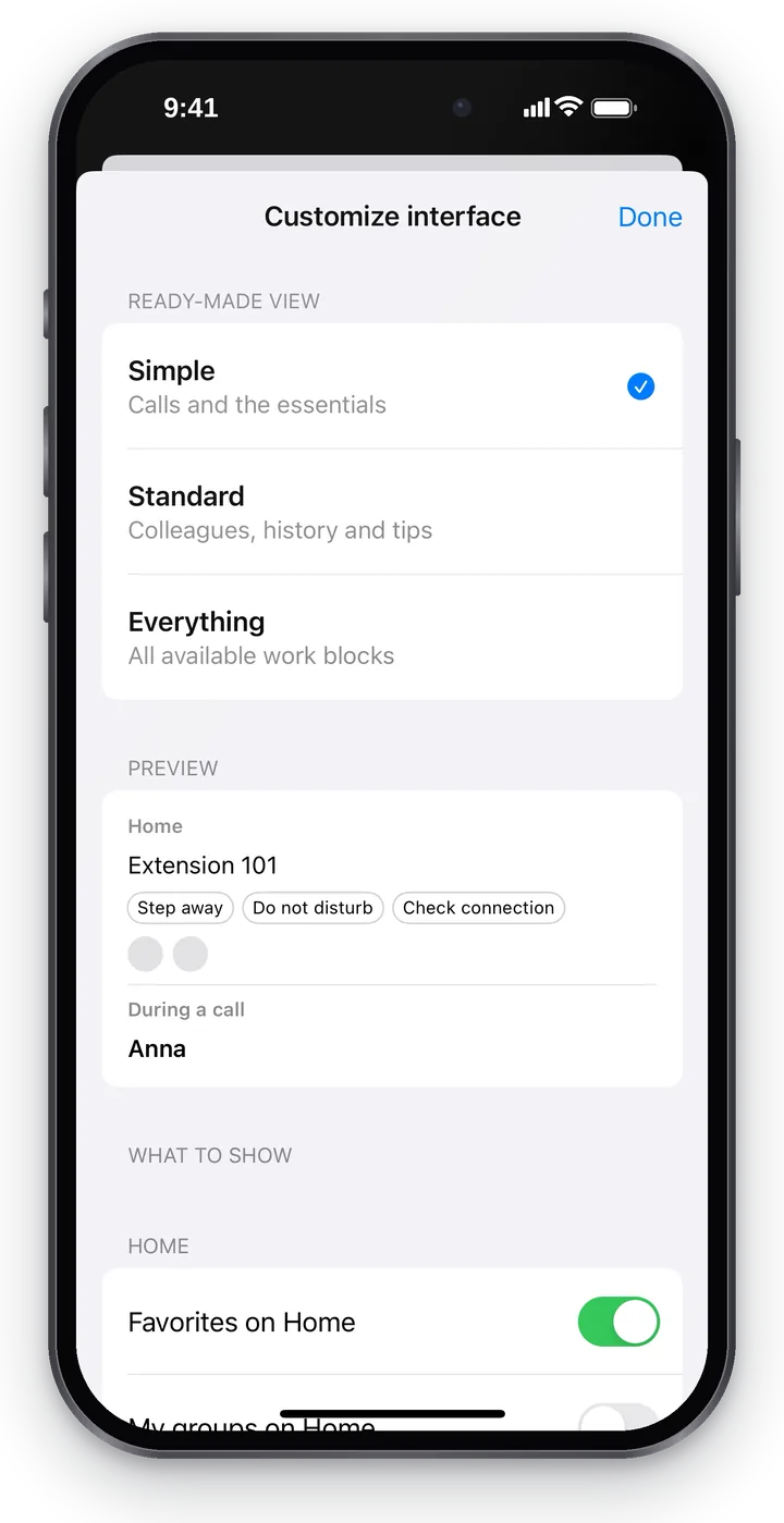 “Customize interface”: “Ready-made view” — “Simple” (selected), “Standard”, “Everything”; below it a “Preview” of Home and of a call