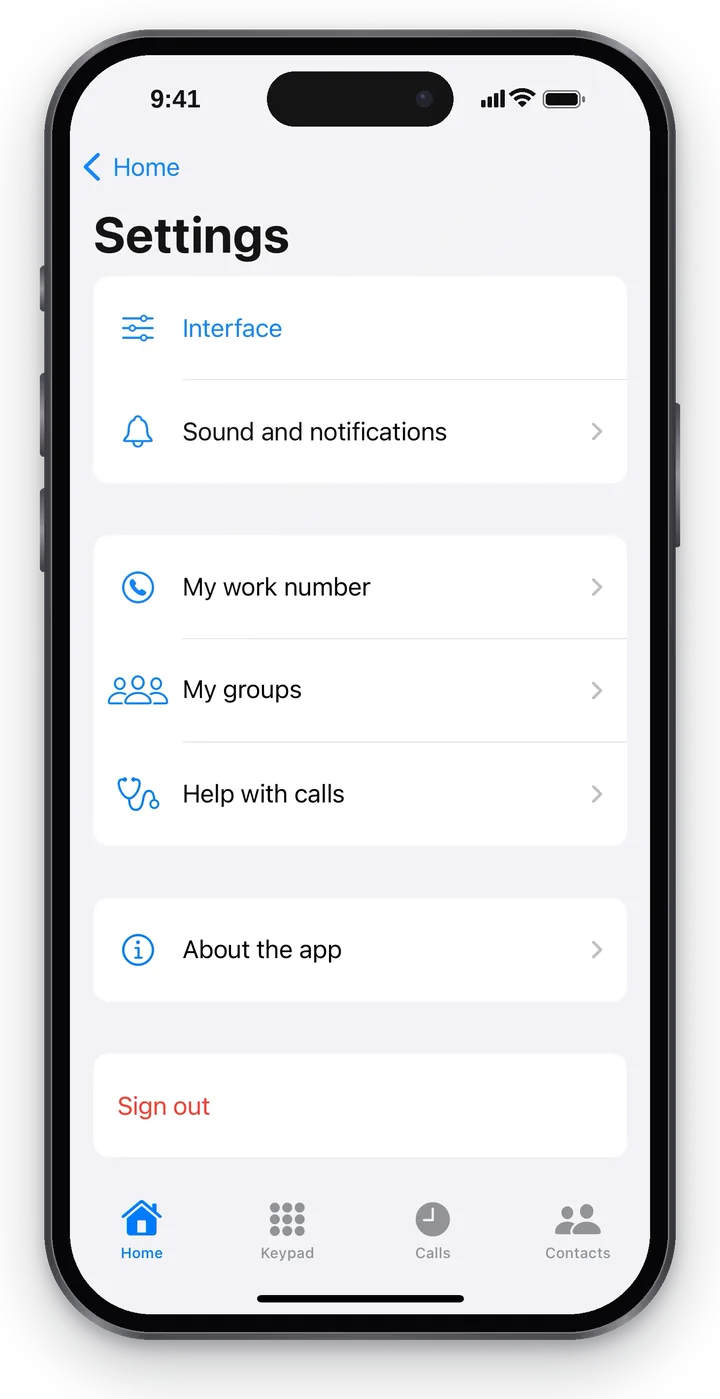 Settings: “Interface”, “Sound and notifications”, “My work number”, “My groups”, “Help with calls”, “About the app”, “Sign out”