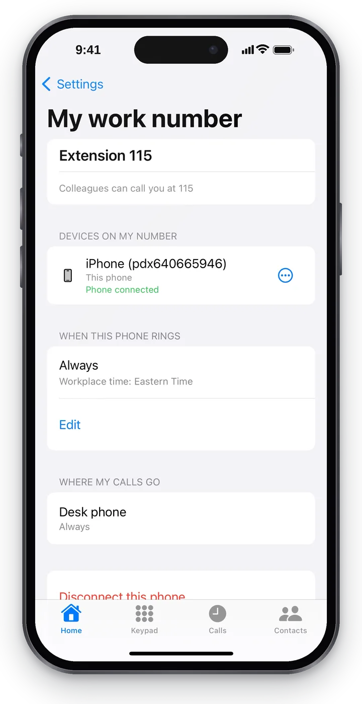 “My work number”: “Extension 115”, “Colleagues can call you at 115”, “Devices on my number” — this iPhone “This phone · Phone connected”, the “When this phone rings” block