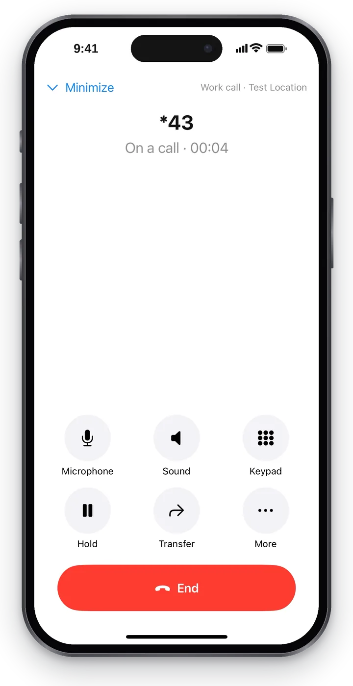 The call screen: at the top “Minimize” and “Work call · workplace”, the number and “On a call · 00:04”, six buttons — “Microphone”, “Sound”, “Keypad”, “Hold”, “Transfer”, “More” — and the red “End”