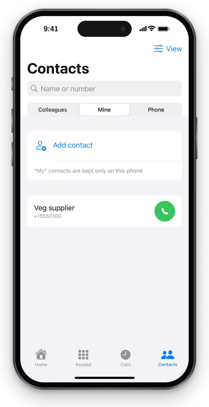 The “Mine” list: “Add contact”, the contact “Veg supplier” with its number and a green handset
