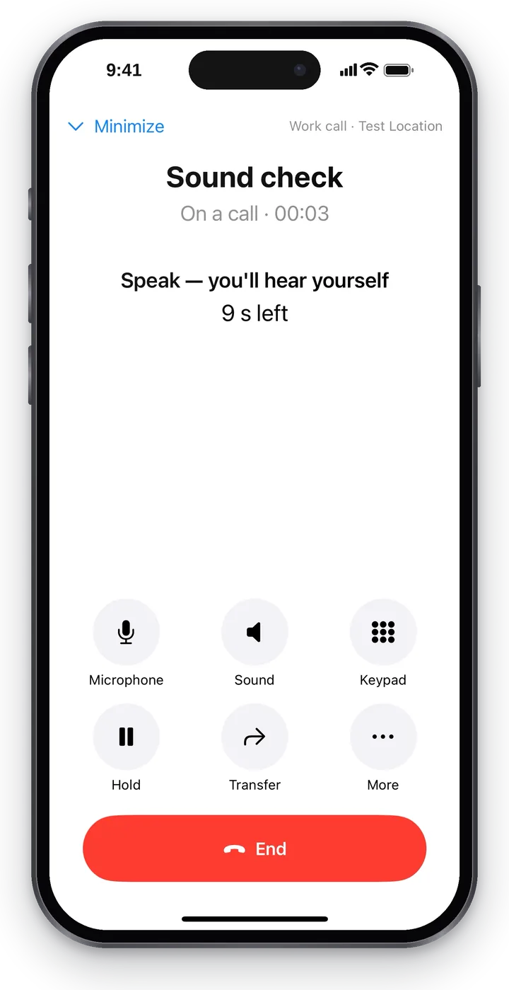 The sound check: the call screen with “Speak — you'll hear yourself” and a “… s left” countdown