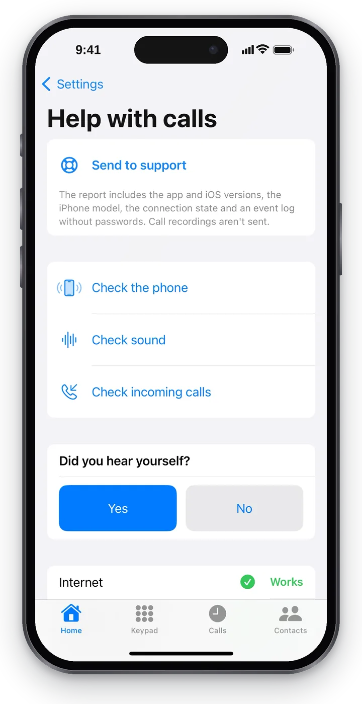 After the sound check: the question “Did you hear yourself?” with the “Yes” and “No” buttons