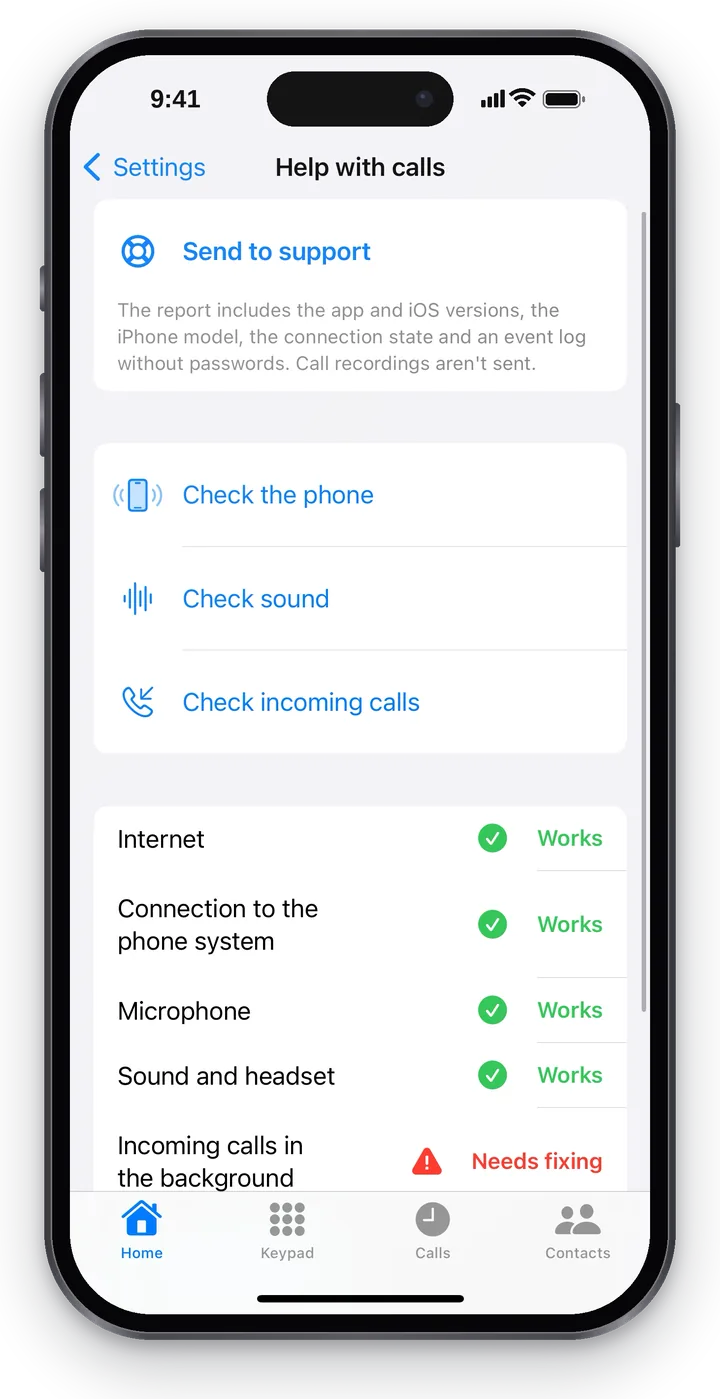 Check results: “Internet”, “Connection to the phone system”, “Microphone”, “Sound and headset” — “Works”; “Incoming calls in the background” — “Needs fixing” with the “Check the phone” button