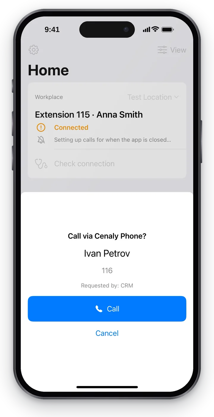 The “Call via Cenaly Phone?” window: “Ivan Petrov”, number 116, “Requested by: CRM”, the “Call” and “Cancel” buttons