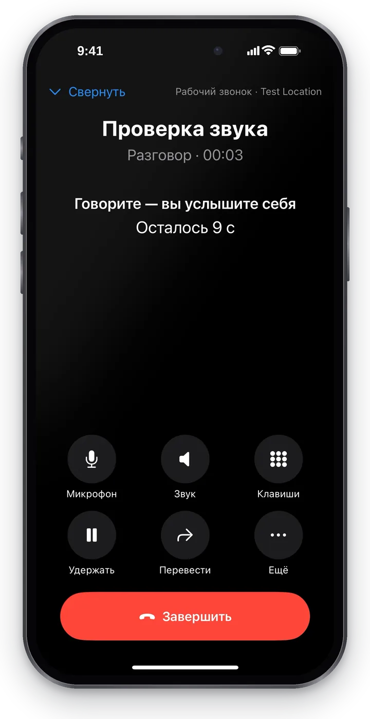 Проверка звука: экран разговора с надписью «Говорите — вы услышите себя» и обратным отсчётом «Осталось … с»