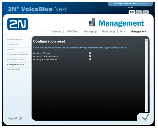 Management → Configuration reset page of a 2N VoiceBlue Next: resets the configuration except Ethernet and login, with Including LCR table, Including CLIP Routing table and Including Mobility Extension boxes