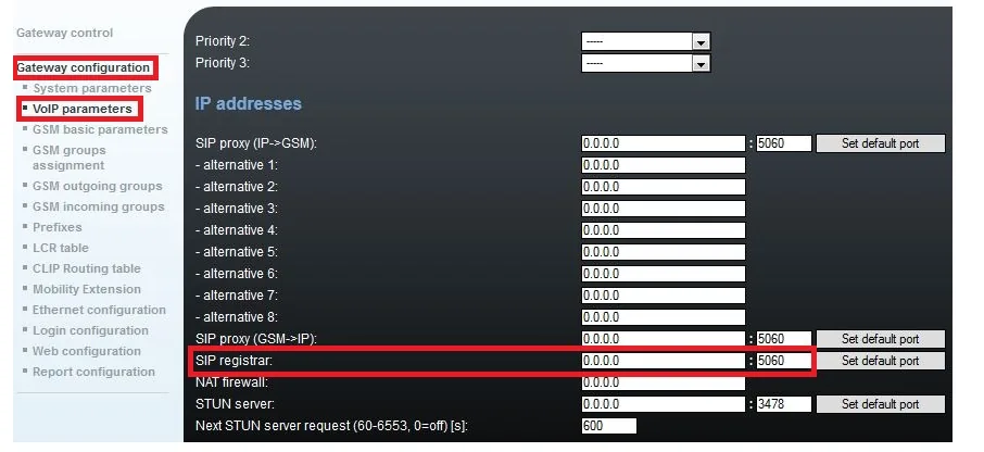 IP addresses block of the VoIP parameters page on a 2N gateway: SIP proxy (IP->GSM), SIP proxy (GSM->IP) and SIP registrar set to 0.0.0.0 with port 5060, NAT firewall, STUN server