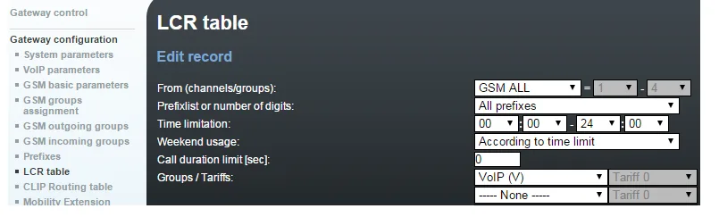 LCR table record on a 2N gateway: From = GSM ALL, Prefixlist = All prefixes, time 00:00–24:00, Groups / Tariffs = VoIP (V)