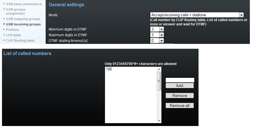 GSM incoming groups page of a 2N VoiceBlue Next: Mode = Accept incoming calls + dialtone, Minimum and Maximum digits in DTMF = 3, DTMF dialling timeout = 0; below, List of called numbers with number 100