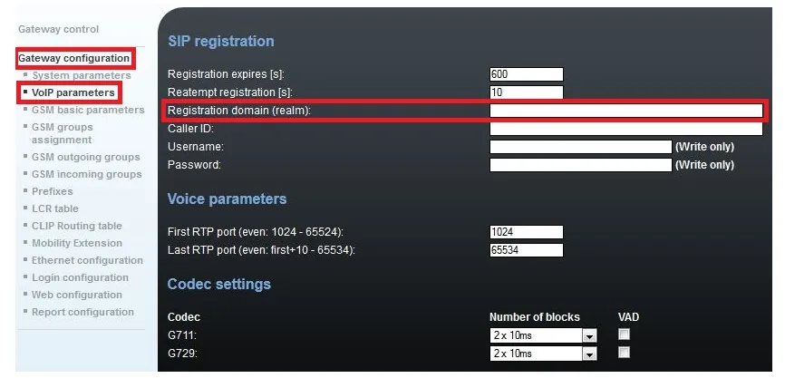 Gateway configuration → VoIP parameters page of a 2N VoiceBlue Next, SIP registration block: Registration expires, Reattempt registration, Registration domain (realm), Caller ID, Username, Password