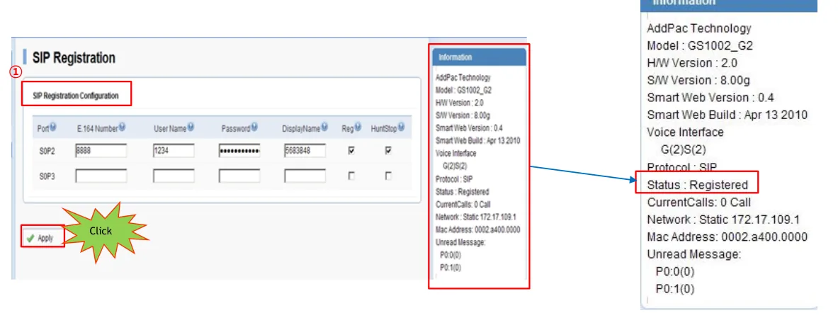 Example AddPac SIP Registration page with a filled-in row for port S0P2 (E.164 Number, User Name, Password, DisplayName, Reg and HuntStop checkboxes) and the Information panel on the right with the line Status : Registered