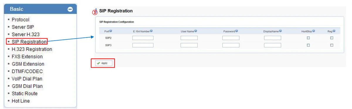 AddPac SIP Registration page: SIP Registration Configuration table with columns Port, E.164 Number, User Name, Password, DisplayName, HuntStop, Reg for ports S0P2 and S0P3, and the Apply button
