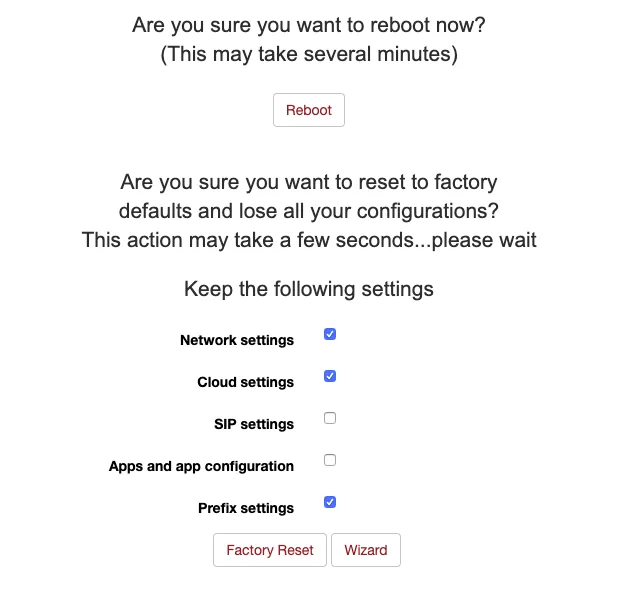 Reboot/Reset window of a beroNet gateway: the Reboot button, the factory reset question, the Keep the following settings block with Network settings, Cloud settings, SIP settings, Apps and app configuration, Prefix settings boxes, the Factory Reset and Wizard buttons