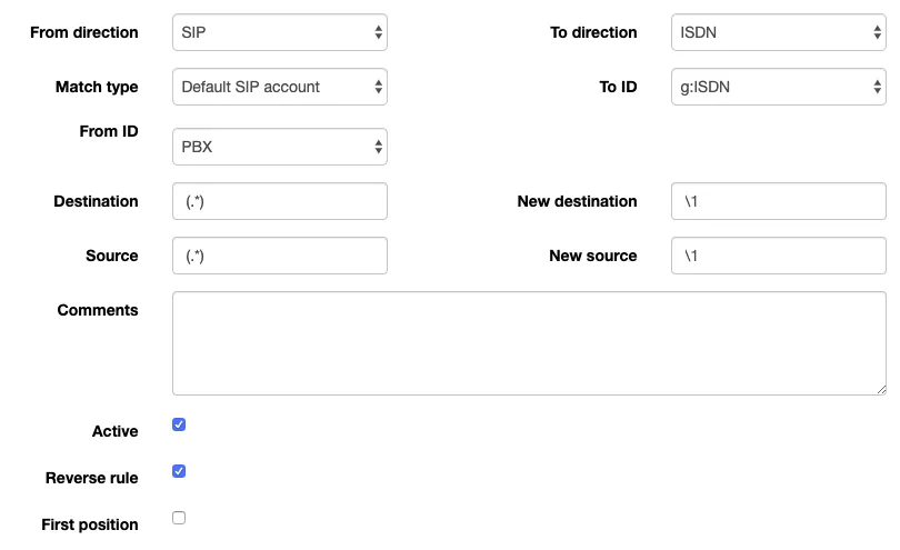 Dialplan rule window of the beroNet web interface: From direction SIP, To direction ISDN, Match type Default SIP account, From ID PBX, To ID g:ISDN, Destination (.) and New destination \1, Source (.) and New source \1, a Comments field, Active, Reverse rule and First position boxes