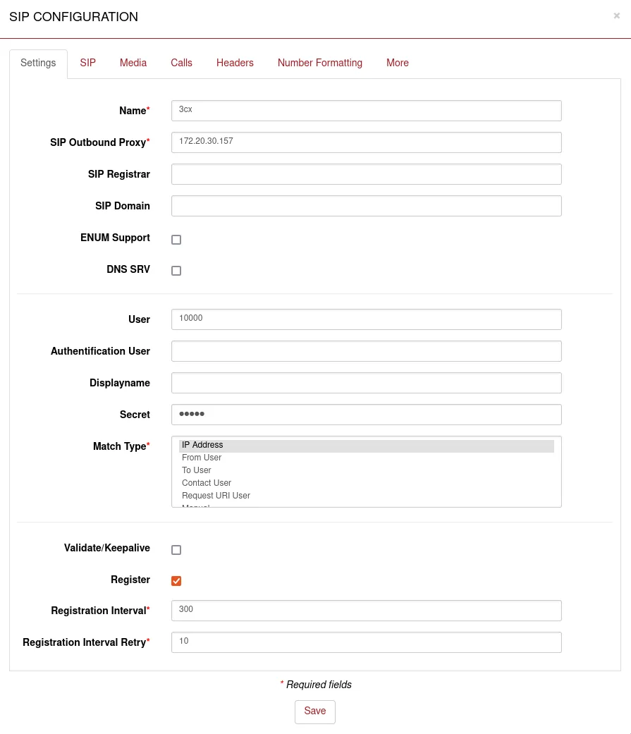 SIP CONFIGURATION window of the beroNet web interface, Settings tab: fields Name, SIP Outbound Proxy, SIP Registrar, SIP Domain, User, Authentification User, Displayname, Secret, the Match Type list with IP Address selected, the Validate/Keepalive and Register boxes (Register ticked), Registration Interval 300 and Registration Interval Retry 10, the Save button