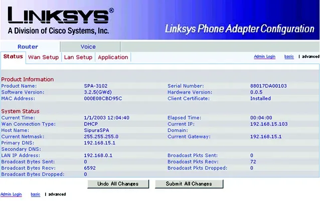 Router → Status tab in the SPA3102 web interface: the Current IP line (address obtained from the router) and LAN IP Address 192.168.0.1