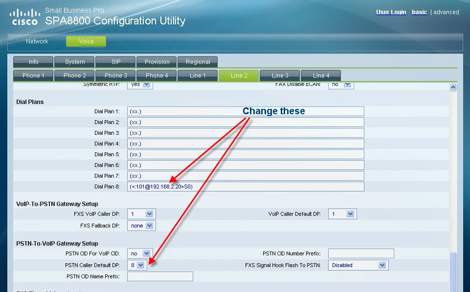 Voice → Line 2 tab in the SPA8800 web interface: the Dial Plans section with Dial Plan 1–8, Dial Plan 8 holds the hotline (<:101@192.168.2.20>S0), below it the PSTN-To-VoIP Gateway Setup section with PSTN Caller Default DP = 8