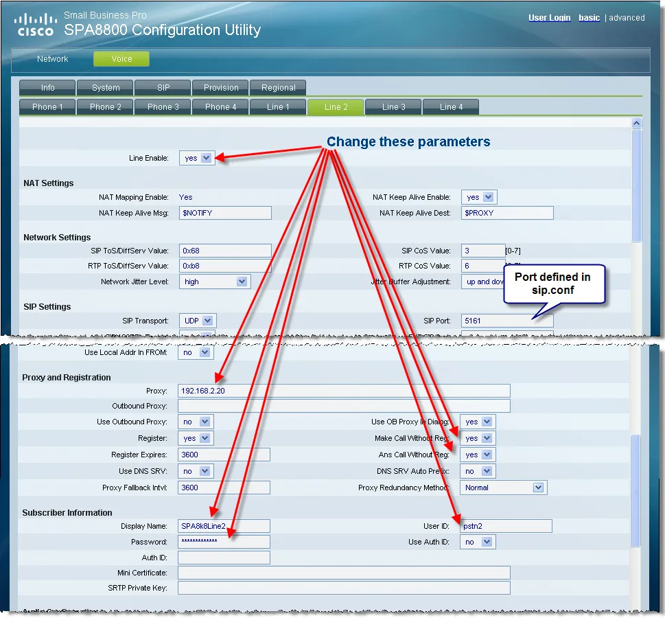 Voice → Line 2 tab in the SPA8800 web interface: Line Enable, the SIP Settings section with SIP Transport and SIP Port, the Proxy and Registration section with Proxy and Register, the Subscriber Information section with Display Name, User ID, Password, Use Auth ID and Auth ID
