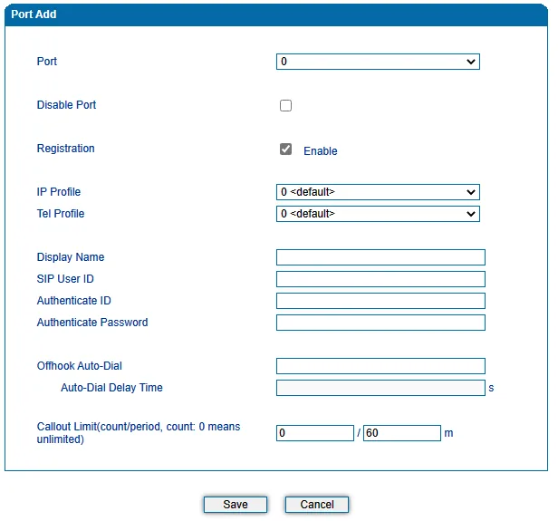 Dinstar DAG Port Add window: Port, Disable Port, Registration (Enable), IP Profile, Tel Profile, Display Name, SIP User ID, Authenticate ID, Authenticate Password, Offhook Auto-Dial, Auto-Dial Delay Time, Callout Limit