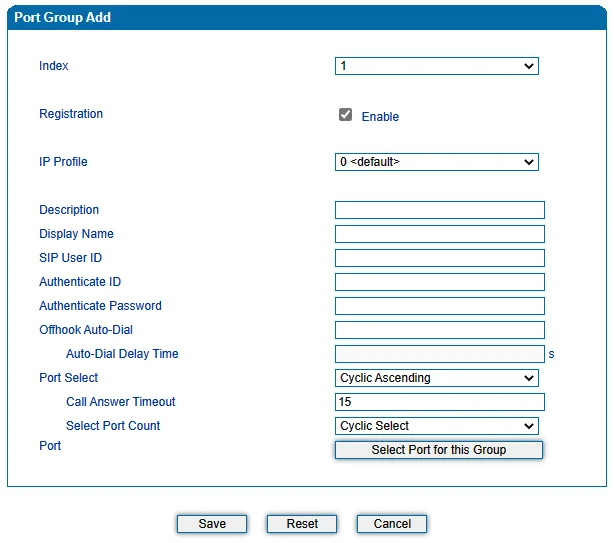 Dinstar DAG Port Group Add window: Index, Registration, IP Profile, Description, Display Name, SIP User ID, Authenticate ID, Authenticate Password, Offhook Auto-Dial, Auto-Dial Delay Time, Port Select = Cyclic Ascending, Call Answer Timeout 15, Select Port for this Group button