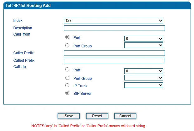 Dinstar DAG Tel->IP/Tel Routing Add window: Index, Description, Calls from = Port or Port Group, Caller Prefix, Called Prefix, Calls to = Port / Port Group / IP Trunk / SIP Server