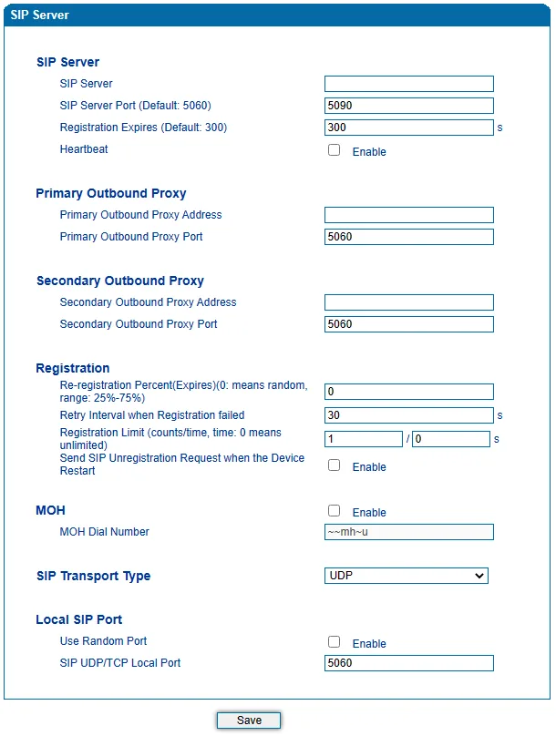 Dinstar DAG SIP Server page: SIP Server, SIP Server Port, Registration Expires 300, Heartbeat, Primary/Secondary Outbound Proxy, Registration block, SIP Transport Type = UDP, Local SIP Port 5060