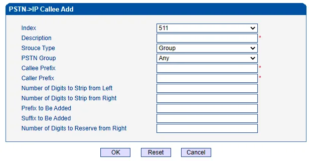 Dinstar MTG200 PSTN->IP Callee Add window: Index, Description, Source Type = Group, PSTN Group = Any, Callee Prefix, Caller Prefix, Number of Digits to Strip from Left/Right, Prefix to Be Added, Suffix to Be Added, Number of Digits to Reserve from Right