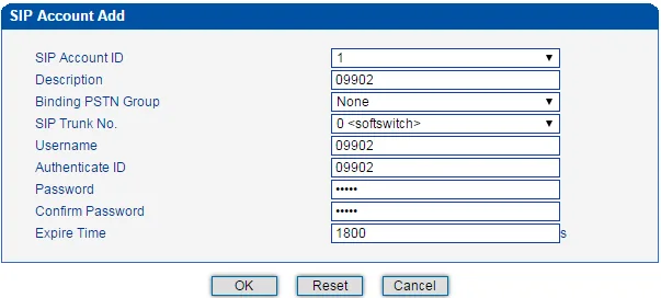 Dinstar MTG200 SIP Account Add window: SIP Account ID, Description, Binding PSTN Group, SIP Trunk No. = 0 softswitch, Username, Authenticate ID, Password, Confirm Password, Expire Time 1800 s