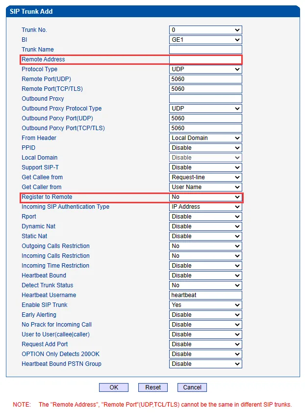 Dinstar MTG200 SIP Trunk Add window: Trunk No., BI = GE1, Trunk Name, Remote Address, Protocol Type = UDP, Remote Port(UDP) 5060, Outbound Proxy, From Header, Get Callee from, Register to Remote, Incoming SIP Authentication Type, Rport, Enable SIP Trunk