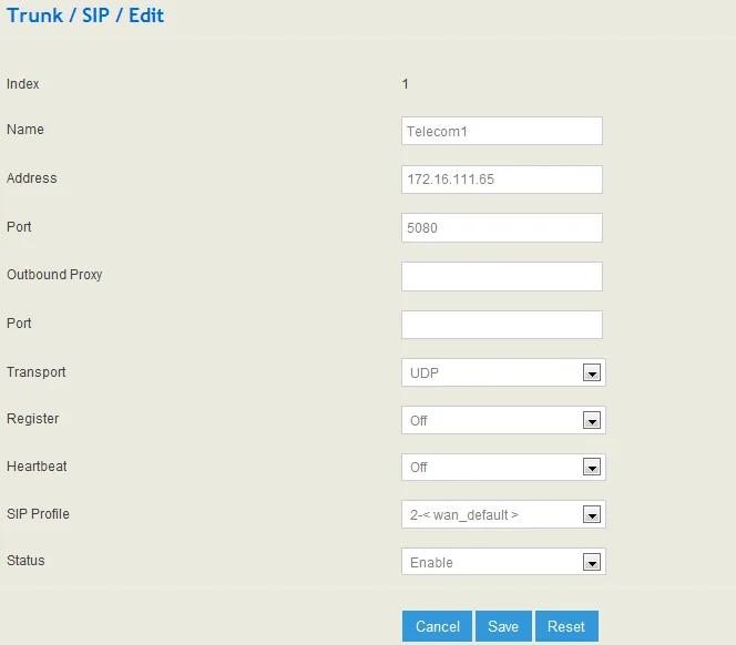 Trunk / SIP / Edit window of the Dinstar UC100-1V1S1O gateway: Name, Address, Port, Outbound Proxy, Transport, Register, Heartbeat, SIP Profile, Status
