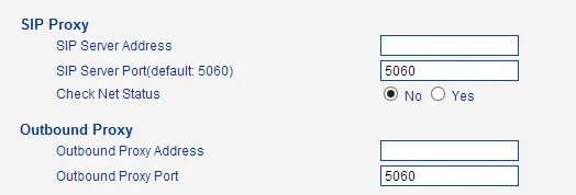 SIP Proxy block of the Dinstar UC2000 gateway: SIP Server Address, SIP Server Port (default 5060), Check Net Status, Outbound Proxy Address and Port