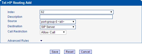 Tel->IP Routing Add window of the Dinstar UC2000 gateway: Index, Description, Source = port-group-0 <all>, Destination = SIP Server, Call Restriction = Allow Call