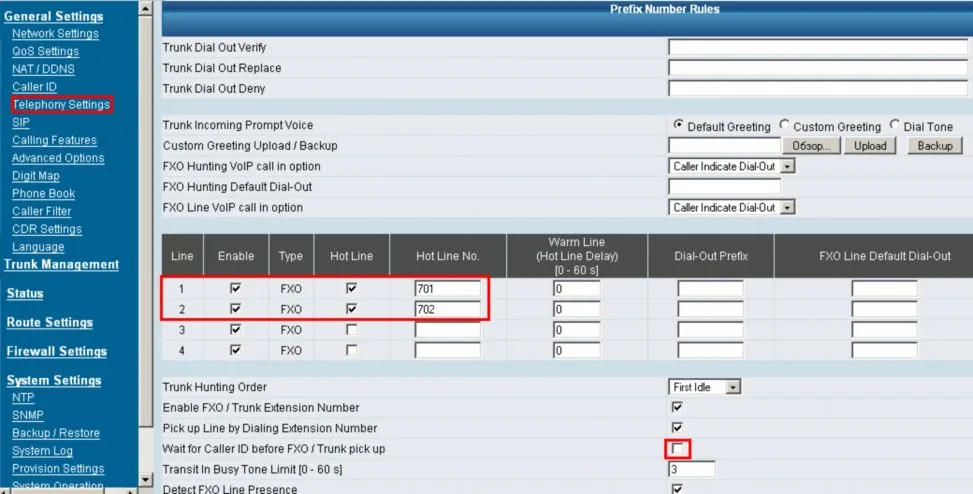 The General Settings → Telephony Settings page in the “2008” interface (DVG-6004S): the line table Line / Enable / Type / Hot Line / Hot Line No. / Warm Line, lines 1 and 2 have Hot Line on with numbers 701 and 702; below it Enable FXO / Trunk Extension Number, Pick up Line by Dialing Extension Number, Wait for Caller ID before FXO / Trunk pick up