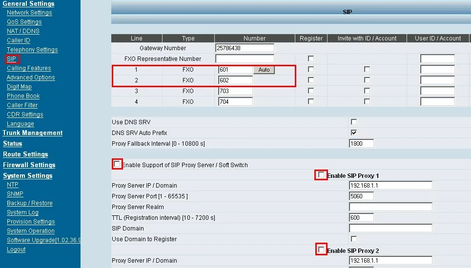 The General Settings → SIP page in the “2008” interface (DVG-6004S): a table of FXO lines with the Number, Register, Invite with ID / Account and User ID / Account columns; below it Enable Support of SIP Proxy Server / Soft Switch, Enable SIP Proxy 1, Proxy Server IP / Domain, Proxy Server Port, TTL