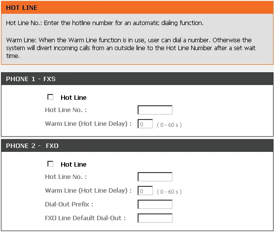 The ADVANCED → VoIP → Hot Line page of the DVG-7111S: the PHONE 2 – FXO block with Hot Line, Hot Line No., Warm Line (Hot Line Delay), Dial-Out Prefix, FXO Line Default Dial-Out