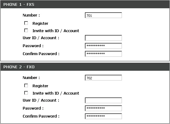 The PHONE 1 – FXS and PHONE 2 – FXO blocks on the SETUP → VoIP Setup page of the DVG-7111S: Number (701 and 702), Register, Invite with ID / Account, User ID / Account, Password, Confirm Password