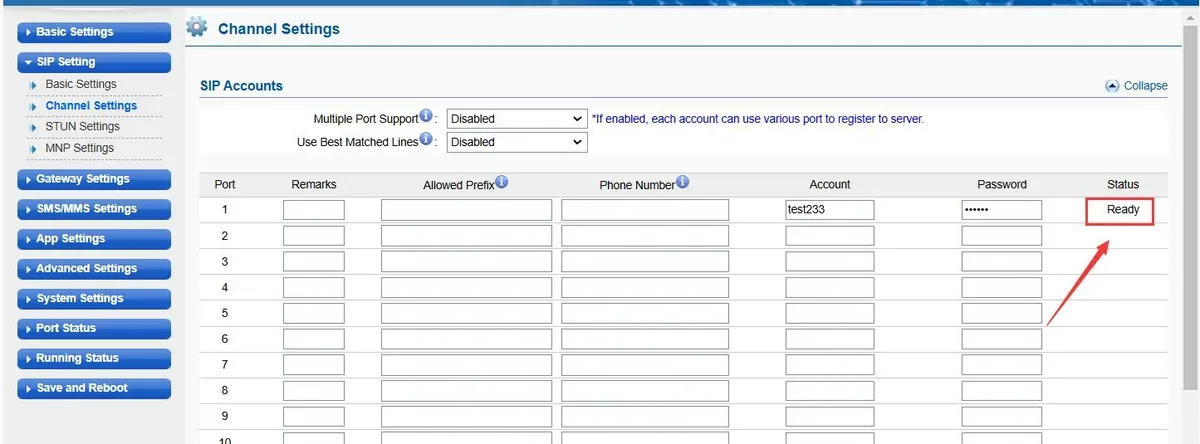 Ejoin SIP Setting → Channel Settings page: port 1 has Account and Password filled in, the Status column shows Ready