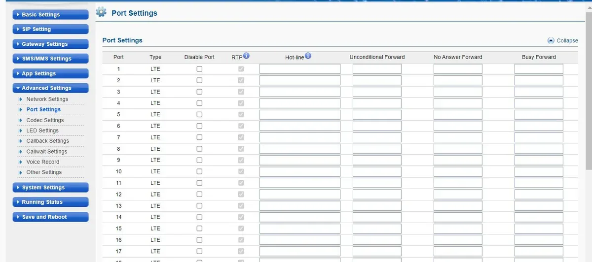 Ejoin ACOM5xx Advanced Settings → Port Settings page: for each port the network type (LTE), Disable Port checkbox, RTP, the Hot-line field and the Unconditional Forward, No Answer Forward, Busy Forward fields
