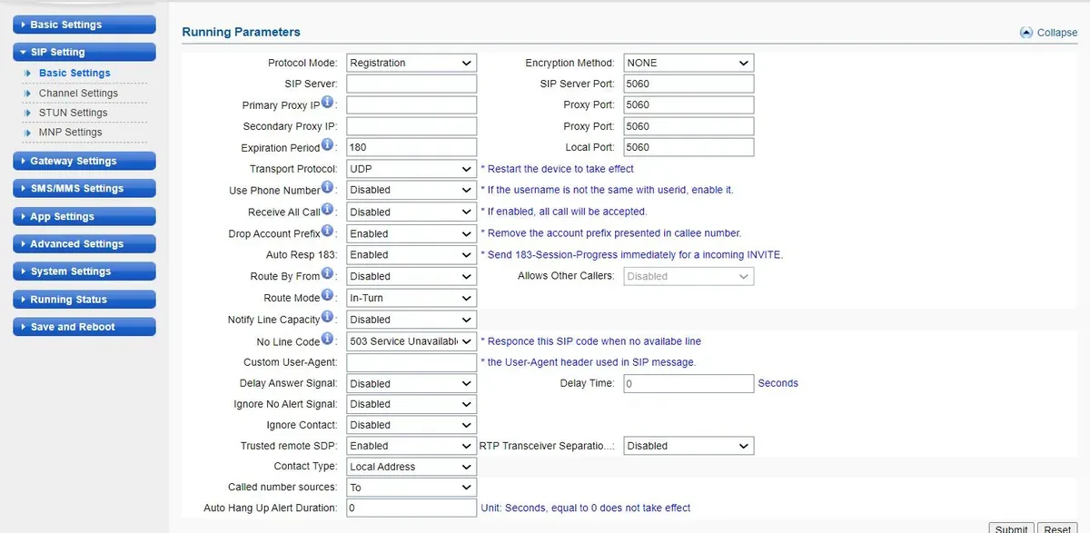 Ejoin ACOM5xx SIP Setting → Basic Settings page: Protocol Mode = Registration, Encryption Method = NONE, SIP Server, SIP Server Port 5060, Primary/Secondary Proxy IP, Expiration Period 180, Transport Protocol = UDP, Use Phone Number, Receive All Call, Route By From, Route Mode, Contact Type = Local Address, Called number sources