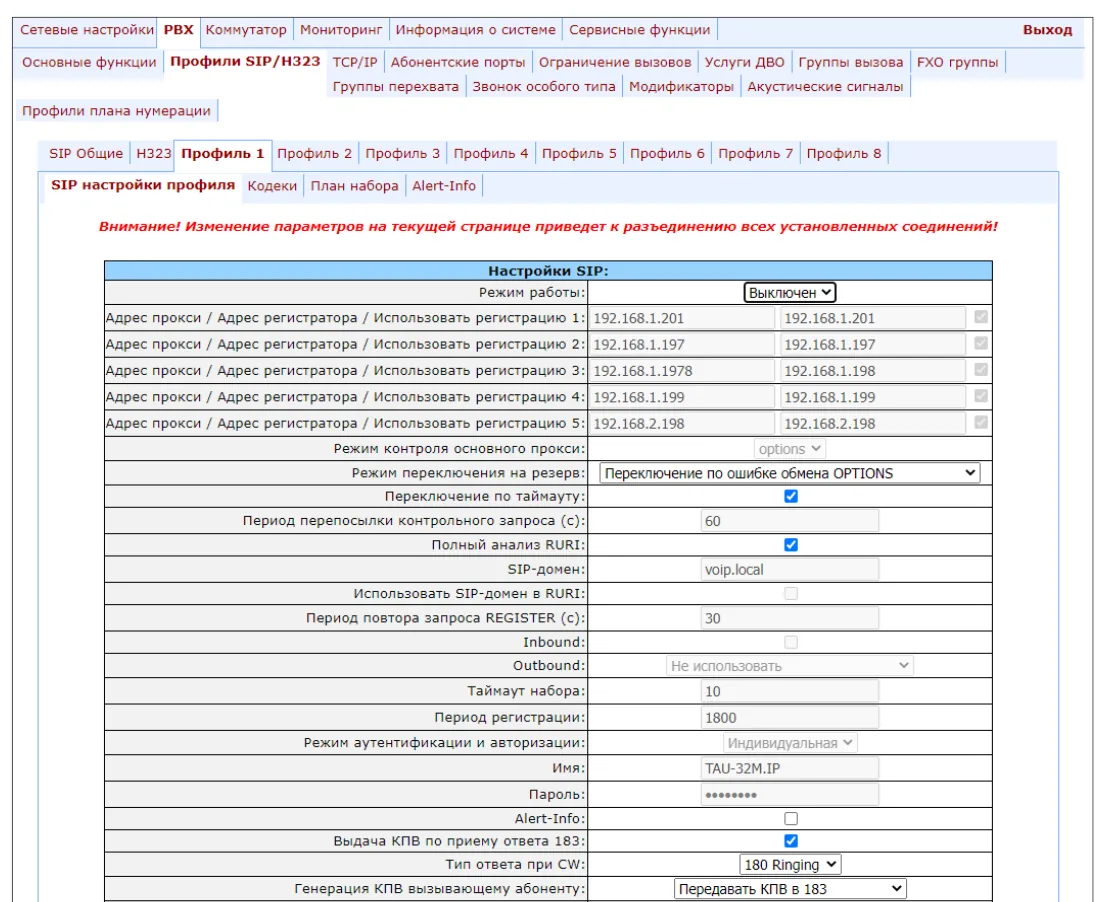 The SIP Custom tab of an Eltex TAU-32M.IP profile: Proxy mode, the Proxy / Registrar address / Use registration 1…5 rows, SIP domain, Outbound, registration period, authentication mode
