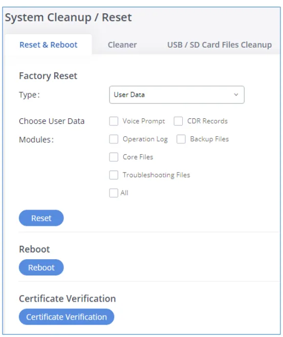 The Reset & Reboot tab of System Cleanup / Reset in the GXW450X web interface: the Factory Reset block with the Type field and the Reset button, below it the Reboot and Certificate Verification buttons