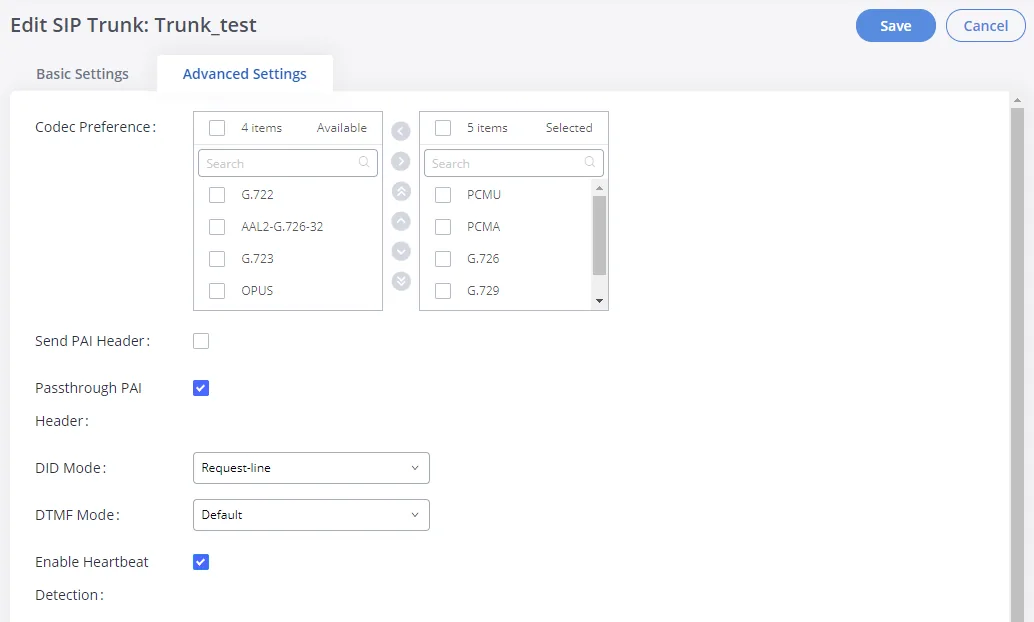 The Advanced Settings tab of the Edit SIP Trunk window in the GXW4501 web interface: Codec Preference lists, Send PAI Header and Passthrough PAI Header checkboxes, DID Mode and DTMF Mode fields and the Enable Heartbeat Detection checkbox