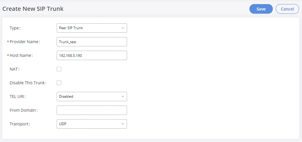 The Create New SIP Trunk window in the GXW4501 web interface: Type, Provider Name, Host Name, NAT, Disable This Trunk, TEL URI, From Domain, Transport fields