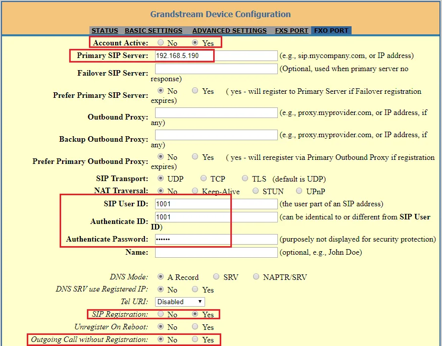 The FXO PORT page in the HT813 web interface: Account Active, Primary SIP Server, SIP Transport, SIP User ID, Authenticate ID, Authenticate Password and the SIP Registration switch