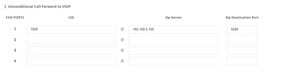 The Unconditional Call Forward to VOIP block in the HT841 web interface: FXO PORTS, CID, Sip Server and Sip Destination Port columns, with number 7000, a server address and port 5060 filled in for the first port